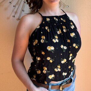 Hollister Black/Yellow Flowers Spaghetti Strap Blouse